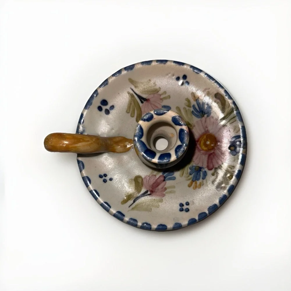 Talavera Espana Hand Painted Floral Ceramic Chamberstick Candle Holders Pair
